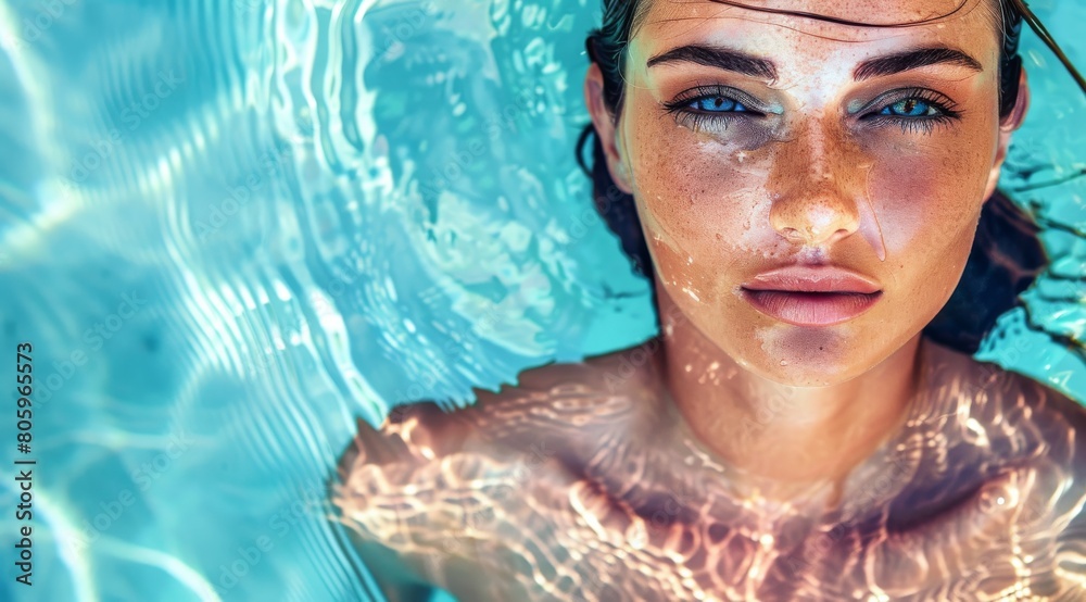 Young Woman in Sparkling Pool Water Young Woman in Sparkling Pool Water