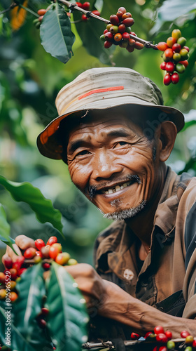 Close Up of Indonesian Farmers Picking Coffee Berries in the Cool Morning Garden