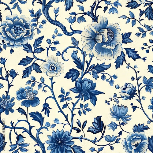 A blue and white floral patterned wallpaper with a lot of flowers