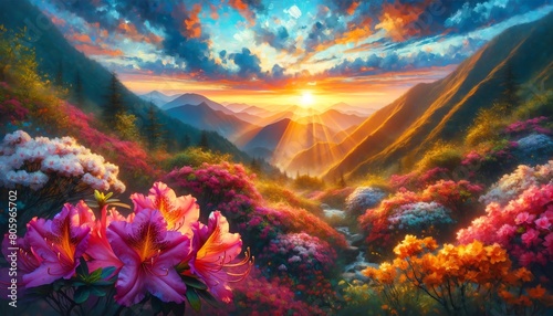 Image of Azalea flowers at sunset over a lush mountain valley