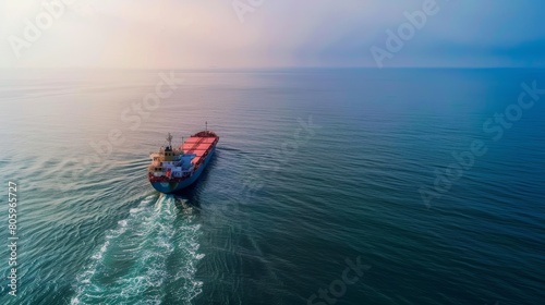 Red and Blue Cargo Ship on Vast Ocean © admin_design