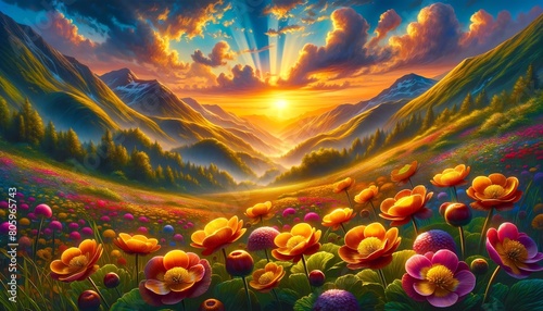 Image of Buttercup flowers at sunset over a lush mountain valley photo