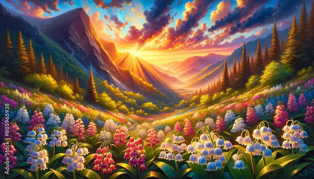 Image of Lily of the Valley flowers at sunset over a lush mountain valley