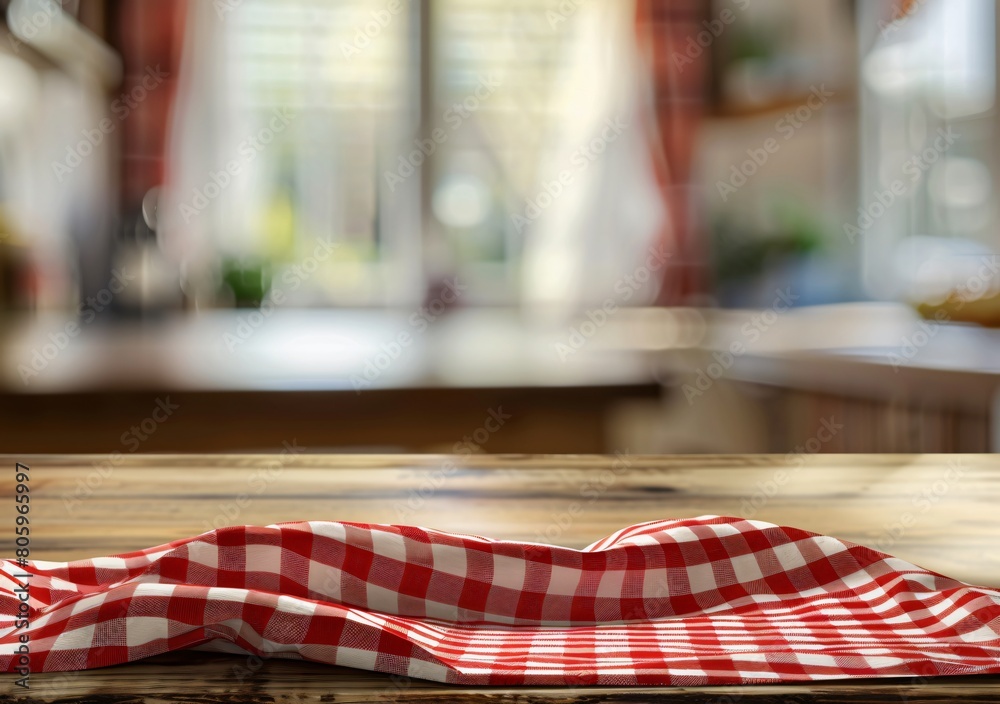 Wooden table with a red and white checkered cloth in the foreground Wooden table with a red and white checkered cloth in the foreground