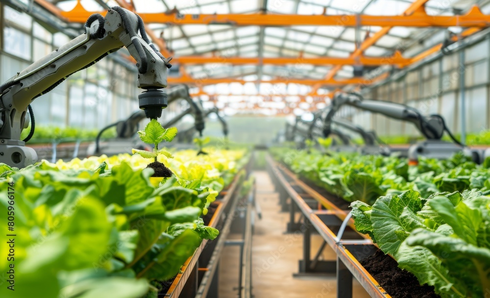 Robotic arms tend to lettuce in a modern automated greenhouse, showcasing advanced agricultural technology. Created with Generative AI