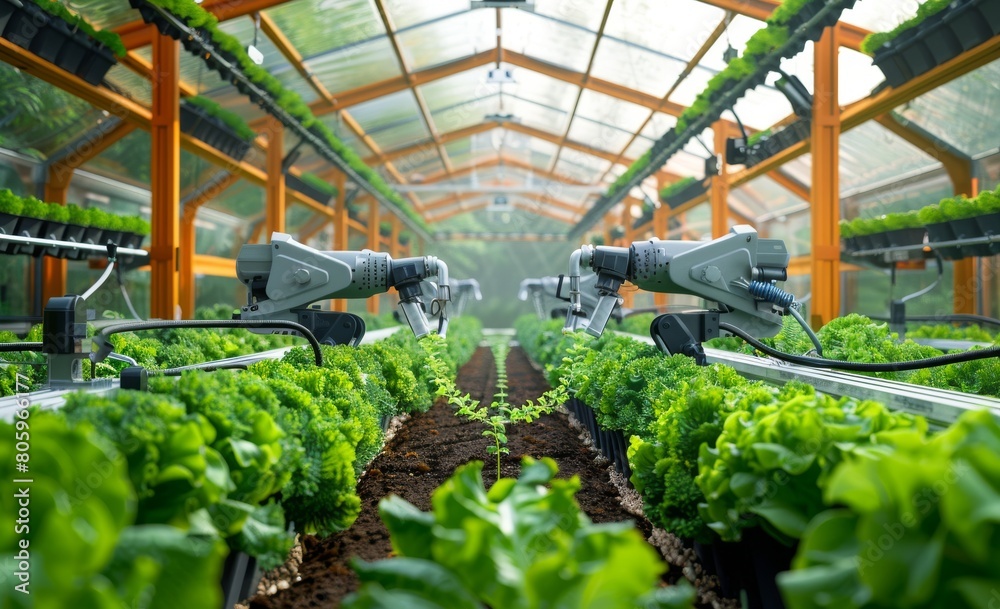 Robotic arms tending to lush green lettuce in a high-tech greenhouse with hydroponics. Created with Generative AI
