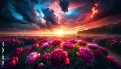 Image of sunset over a Peony flowers field at sunset