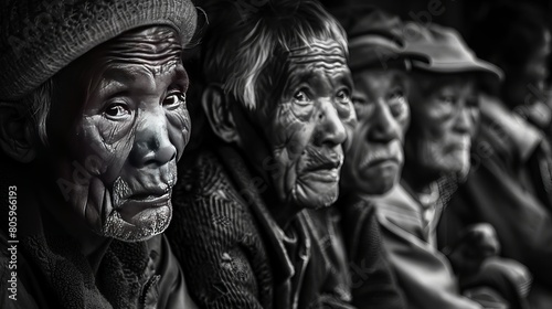 The Weight of Time on Weathered Faces: A group of elderly people huddled together on a bench, their faces etched with lines of hardship and struggle, showcasing the toll poverty takes on the body. © xelilinatiq