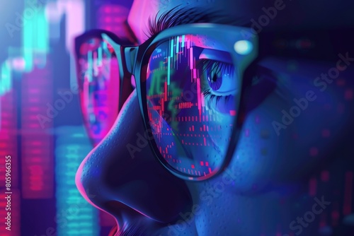 Glasses Graphic. Businessman Analyzing Crypto Exchange Data on Screen © AIGen