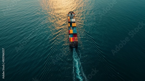 Container Ship Cruising in Glistening Ocean Waters