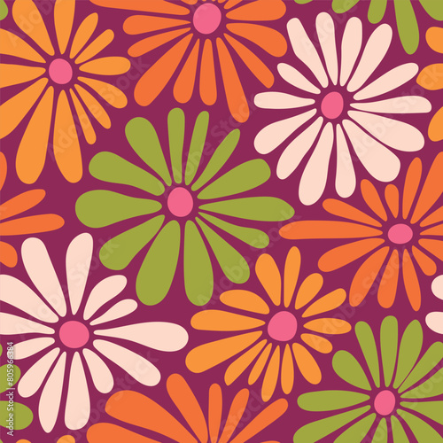 Retro floral vector background. Surface design in style of hippie. Vintage groovy daisy flowers. Modern pattern design for textile  stationery  wrapping paper  gifts. 60s  70s  80s style