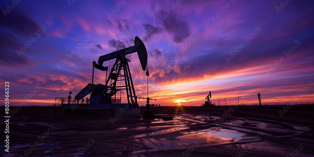 Extracting Crude Oil: A Sunset Scene at an Oil Drilling Rig. Concept Sunset Scene, Oil Drilling Rig, Extracting Crude Oil, Energy Industry, Industrial Landscape