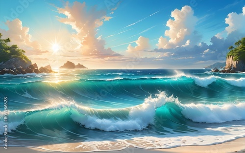 Beautiful view of tropical beach waves and sea on a sunny day. coastal marine space