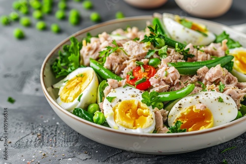 A fresh tuna and egg salad garnished with green beans, herbs, and cherry tomatoes, showcasing a healthy meal option. Created with Generative AI