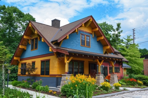 Colorful House. Modern Craftsman Cottage with Brick Exterior in Suburban Setting