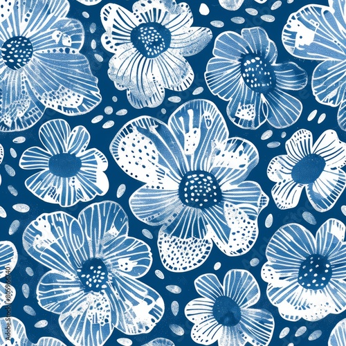 A blue and white floral pattern with a blue background