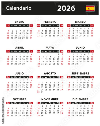 2026 Calendar - vector stock illustration. Spain, Spanish version | Calendario 2026 - ilustración vectorial de stock. España, versión en español