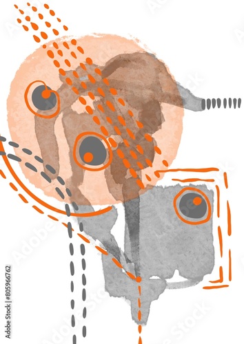 Grey and orange shapes and lines abstraction 