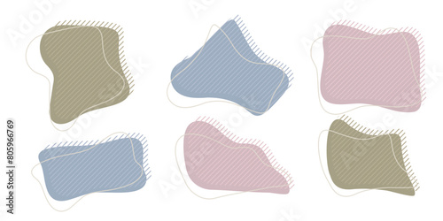 Collection of organic irregular blob shape with decorative stripes and stroke line. Yellow blue random deform circle spot. Isolated white background Organic amoeba Doodle elements Vector illustration.