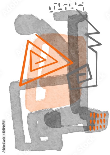Grey and orange shapes and lines abstraction 