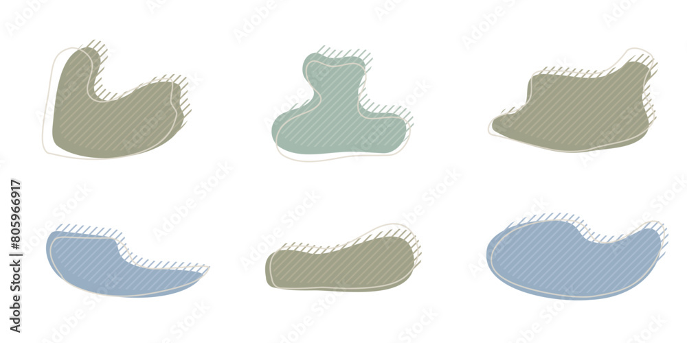 Collection of organic irregular blob shape with decorative stripes and stroke line. Gray blue random deform circle spot. Isolated white background Organic amoeba Doodle elements Vector illustration.