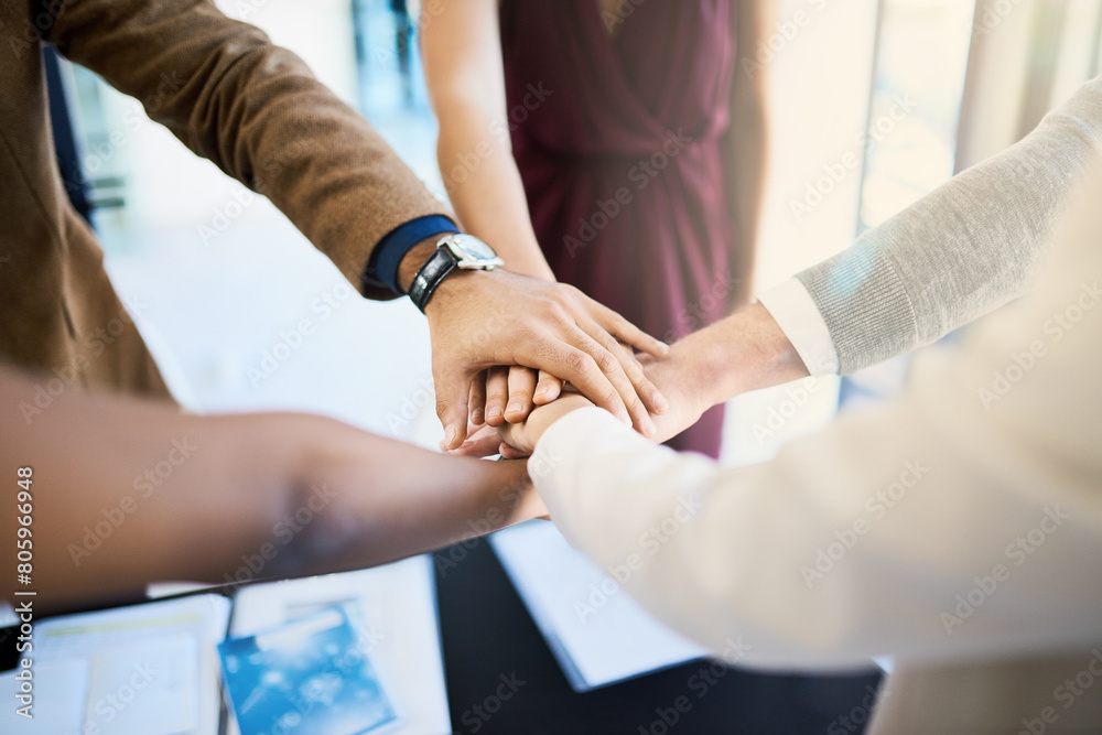 Business, hands and diversity in workspace, agreement and collaboration for company. Partnership, racial equality and teamwork with corporation in solidarity, support and unity for complete project