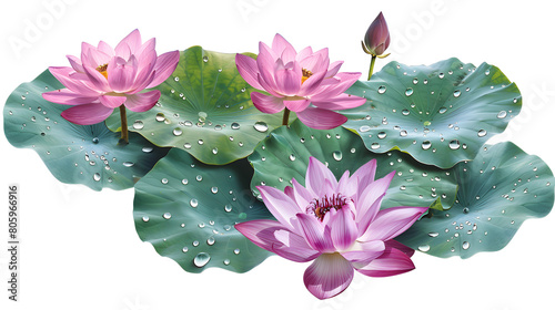 Serene Lotus Flowers Set with Dew Drops on Leaves Isolated on White Background © Ziyan Yang