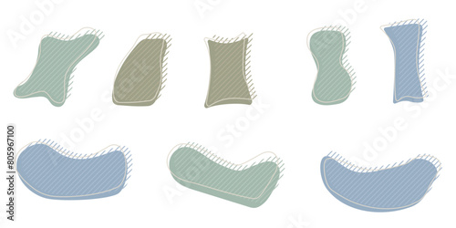 Collection of organic irregular blob shape with decorative stripes and stroke line. Gray blue random deform circle spot. Isolated white background Organic amoeba Doodle elements Vector illustration.