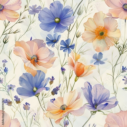 A colorful floral pattern with blue  pink  and yellow flowers