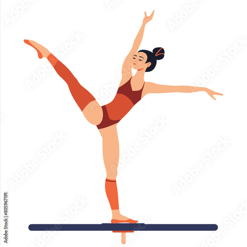 Female gymnast performing balance beam routine, young athlete showing flexibility strength. Woman gymnastics leotard executing artistic gymnastics pose, skilled gymnast training. Sportswoman