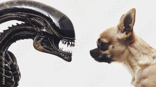 Unexpected Encounter: Xenomorph and Chihuahua. Generative AI photo