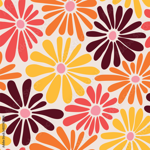 Retro floral vector background. Surface design in style of hippie. Vintage groovy daisy flowers. Modern pattern design for textile, stationery, wrapping paper, gifts. 60s, 70s, 80s style