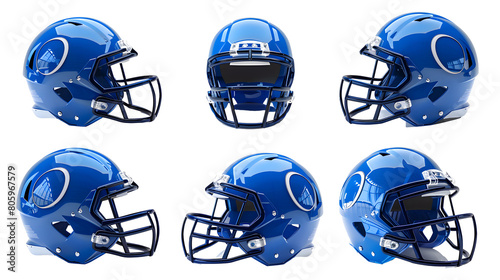 Set of modern blue football safety helmets, sports protection for the head. Isolated on a transparent background. 
