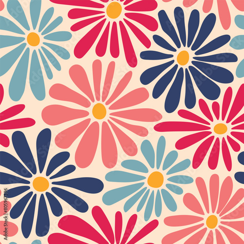 Retro floral vector background. Surface design in style of hippie. Vintage groovy daisy flowers. Modern pattern design for textile  stationery  wrapping paper  gifts. 60s  70s  80s style