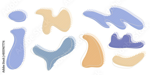 Collection of organic irregular blob shape with decorative stripes and stroke line. Yellow blue random deform circle spot. Isolated white background Organic amoeba Doodle elements Vector illustration.