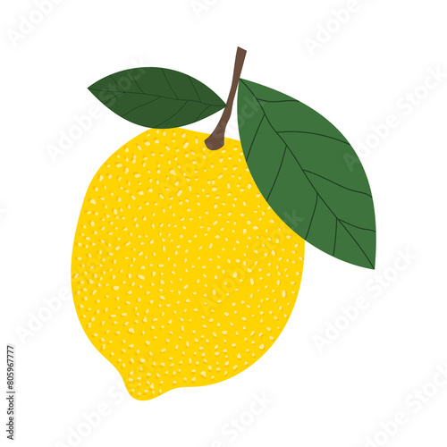 Lemon with yellow spotted texture and green leaves isolated on white. 