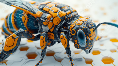A robot bee with a blue head and orange body photo