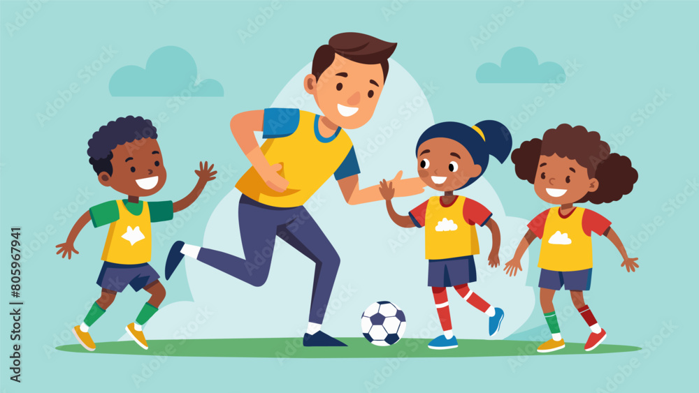 The sound of laughter and the occasional whistle fills the air as kids in colorful jerseys run drills and practice ballhandling under the watchful eye. Vector illustration