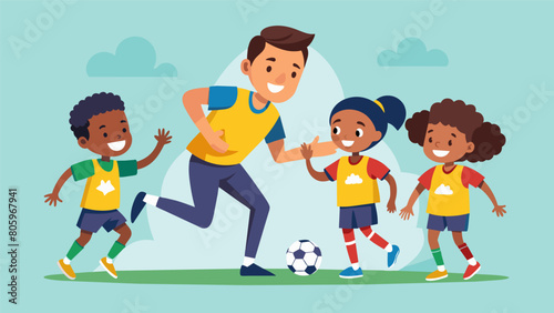 The sound of laughter and the occasional whistle fills the air as kids in colorful jerseys run drills and practice ballhandling under the watchful eye. Vector illustration