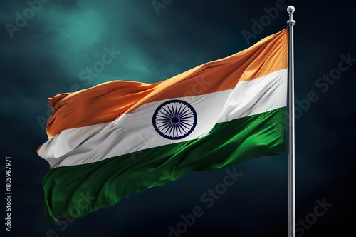 Waving Indian flag on dark green background. Generative AI