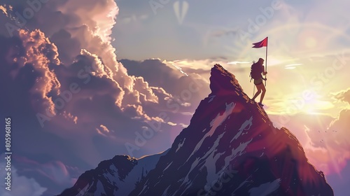 A female climber is heading towards the top of a mountain with a flag on top.