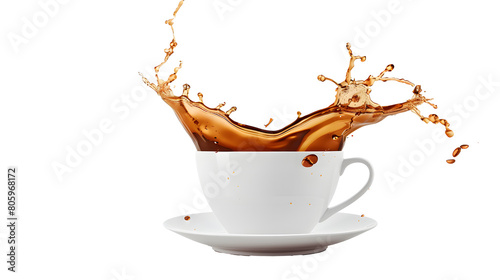 White cup of coffee splashing isolated on white background.