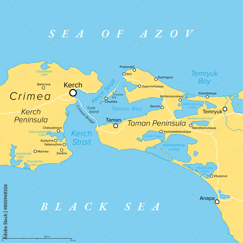 Kerch Strait in Eastern Europe, political map. It connects the Black