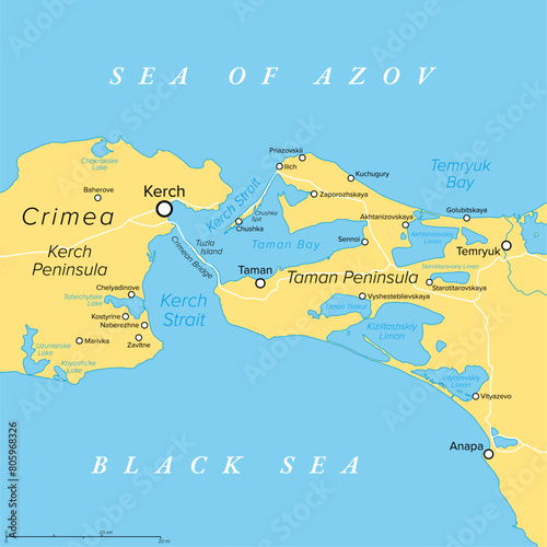 Kerch Strait in Eastern Europe, political map. It connects the Black Sea and Sea of Azov, separating the Kerch Peninsula of Crimea from Taman Peninsula. The Crimean Bridge connects both peninsulas. photo