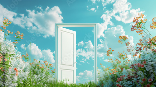 A white door opens to reveal a serene scene of a blue sky with fluffy white clouds overhead and a lush grassy field filled with colorful flowers stretching out beyond. The image evokes a sense 