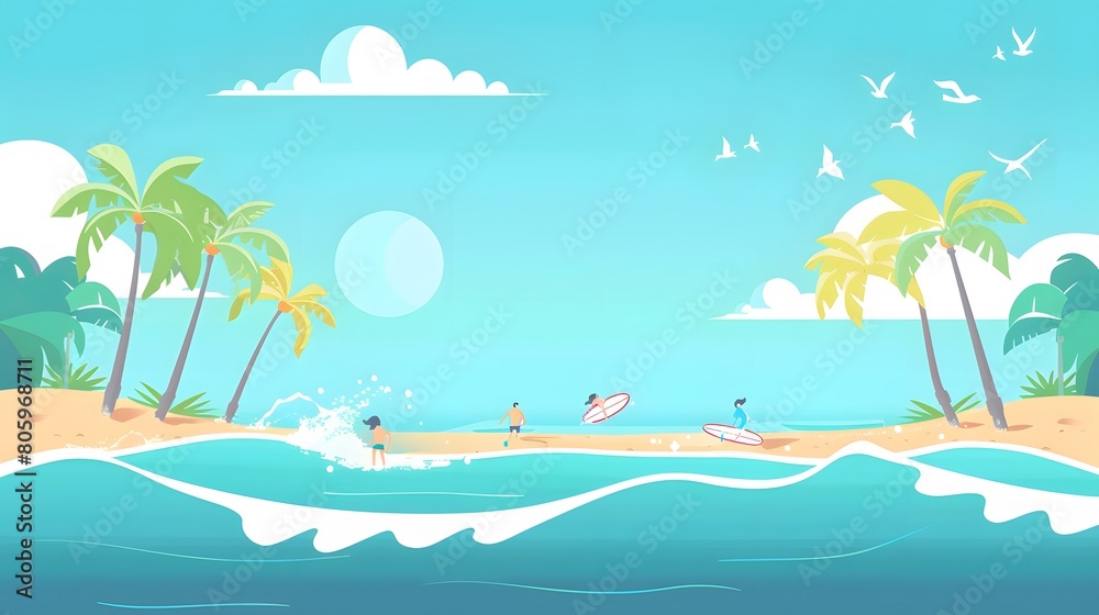 Obraz premium Sun kissed beach with surfers and playful waves