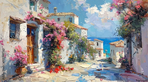 Fototapeta Naklejka Na Ścianę i Meble -  An oil painting street scene a picture with life, sunshine