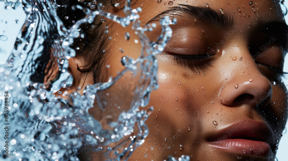 Aesthetic young woman face with closed eyes and splashing water, moisturizing concept, beauty advertising. Generative AI