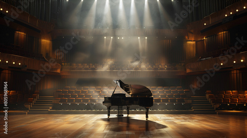Piano in Concert Hall A piano placed on a stage in a concert hall surrounded by empty seats and illuminated by stage lights evoking anticipation for a captivating musical performance.