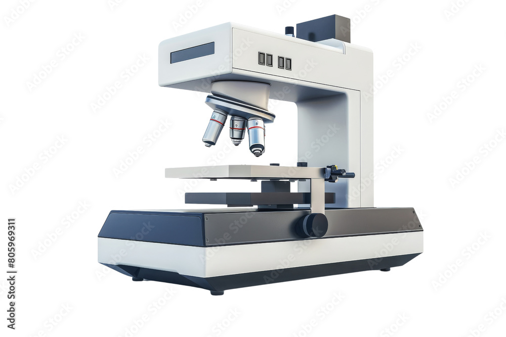 A microscope with a black base and a white top. The microscope is a scientific instrument used to magnify small objects A microscope with a black base and a white top. The microscope is a scientific instrument used to magnify small objects